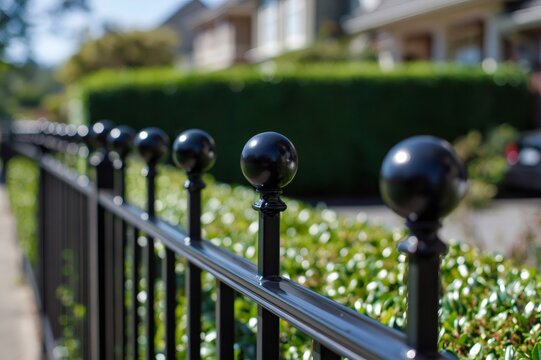 Black metal fence with ball finials guarding residential property