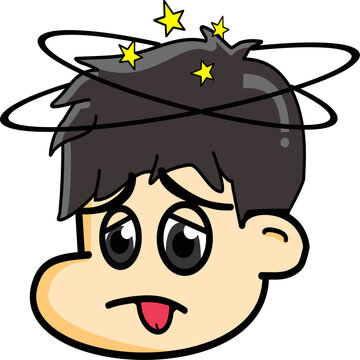 Cute chibi boy head character with funny dizzy expression isolated on white background