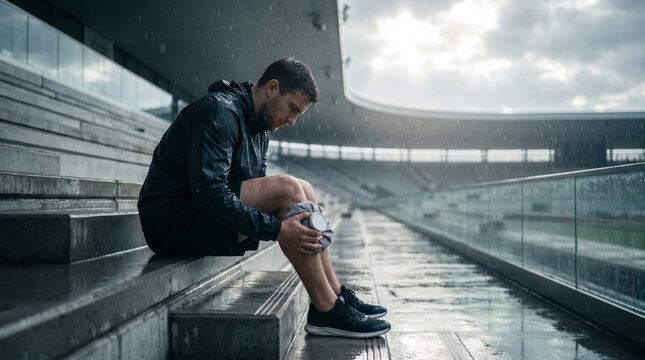 Male runner seated on rain-soaked stadium steps holding an ice pack against his shin, soaked through to the skin, head down, the bleak emoti