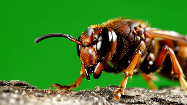 Close-Up of a Wasp with Intricate Details on a Vivid Green Background Ideal for Nature and Educational Content