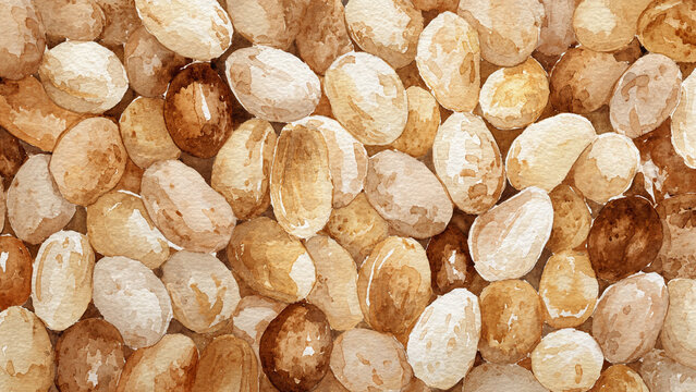 Watercolor illustration of peanuts in full frame composition, dense overlapping nuts with light brown tones and organic shapes, ideal for natural food background.