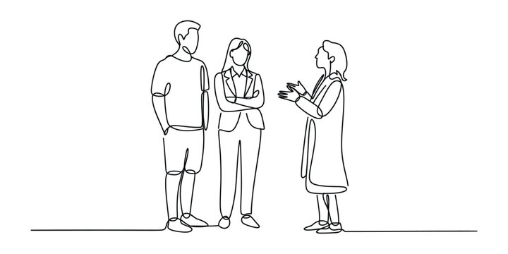 Three people talking together continuous line drawing