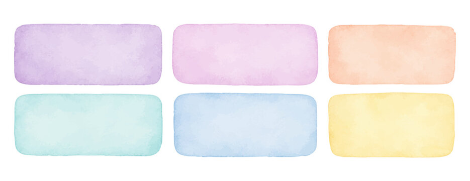 Soft pastel watercolor rectangle swatch set with rounded color blocks in lavender, pink, peach, mint, blue and yellow tones. Vector illustration.