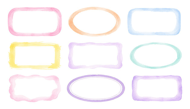 Colorful pastel watercolor frame collection with rounded rectangles, ovals, scalloped labels and soft hand painted borders. Vector illustration.