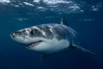 Fototapeta premium Great white shark swimming in deep blue ocean