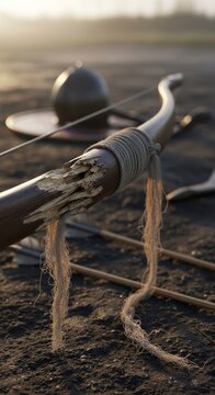 Close up of a damaged wooden longbow with arrows
