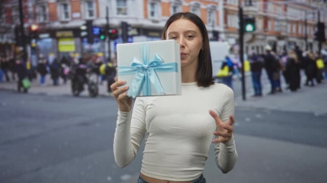 Woman holds gift box with blue ribbon at shoulder, smiling and raising box on busy street; gift giving happiness.