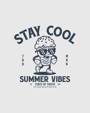 Cool ice cream character with sunglasses and summer vibes text.