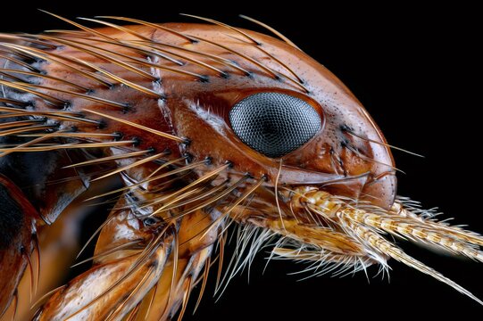 Flea head showing compound eye and bristly exoskeleton