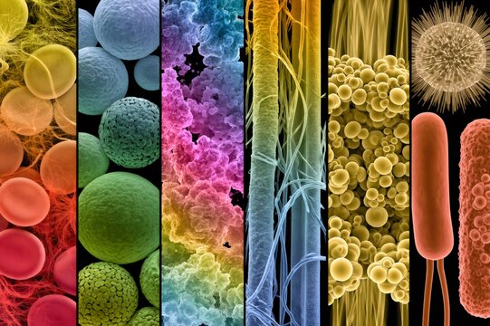 Microscopic organisms and cells collage showing diverse biology