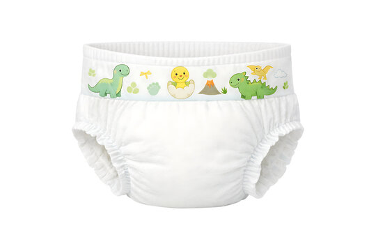 Disposable Baby Diaper with Cute Dinosaur Illustration Isolated on Transparent Background Infant Hygiene Product Mockup