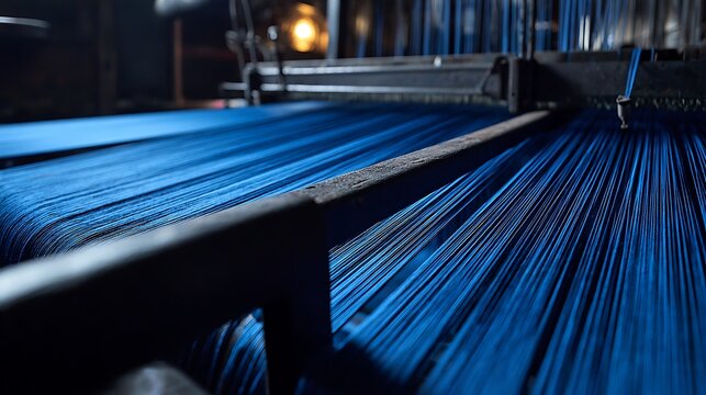 Close-up of blue threads on a large industrial loom in a textile factory.