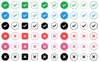Set of checkmark and cross icons in multiple shapes and styles including circle, square, hex, and badges. Clean flat vectors in various colors perfect for UI, apps, and web design. © Graphyxon