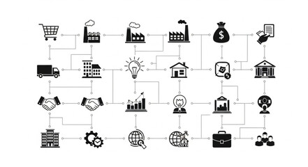 Business process flow chart with icons representing different stages. © Vita
