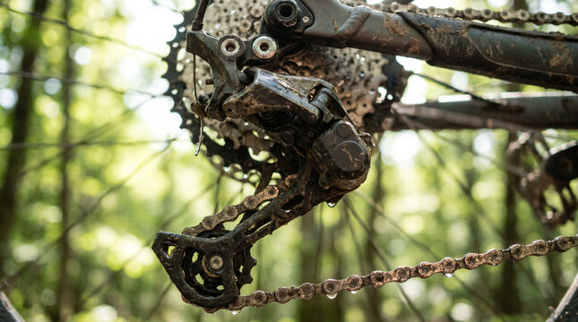 Close detail of a mountain bike rear derailleur caked in trail mud, droplets falling from the cassette, chain glistening with grit and oil, 2