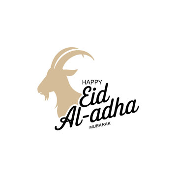 Eid Aladha Mubarak greeting card with goat head silhouette and text