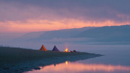 Fototapeta premium Camping By A Serene Lake At Sunset With Tents And Campfire. Tranquil Outdoor Adventure In Nature