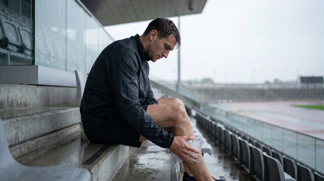 Male runner seated on rain-soaked stadium steps holding an ice pack against his shin, soaked through to the skin, head down, the bleak emoti 2