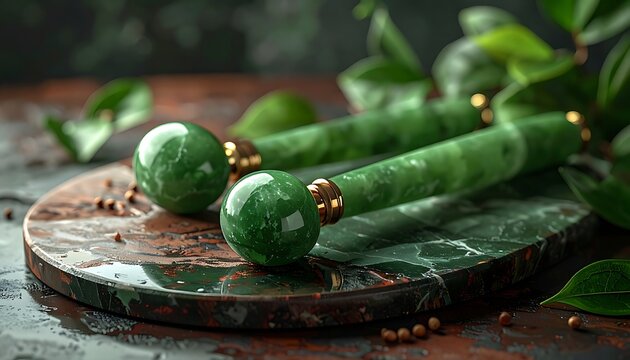 Close-up of two green jade rollers with gold accents, resting on a marbled surface with foliage in the backdrop