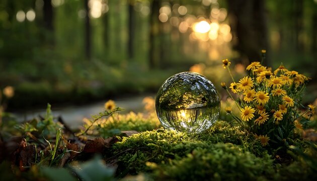 Glass sphere reflecting sunlight rests on mossy ground next to yellow wildflowers in a sun-dappled forest setting