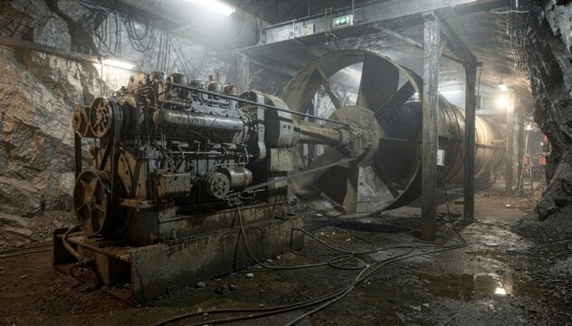 Medium shot of engine driving large axial fan via belt system in underground mine drift showcasing industrial ventilation setup with rugged environment and equipment.