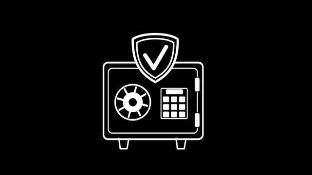 Animated white line icon of a digital safe vault with a security shield and checkmark on black background.