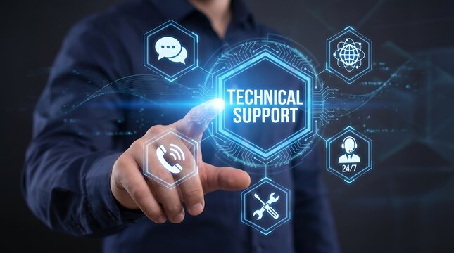 Technical support specialist touching glowing digital interface with icons for 24/7 service and global connectivity in a high-tech corporate office environment for professional IT help