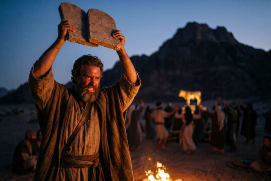 Moses Smashes the Stone Tablets of the Ten Commandments Before the Golden Calf, Exodus Biblical Scene