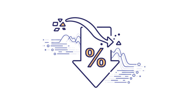 Large downward pointing arrow with a percent sign and abstract data lines representing falling interest rates or inflation.