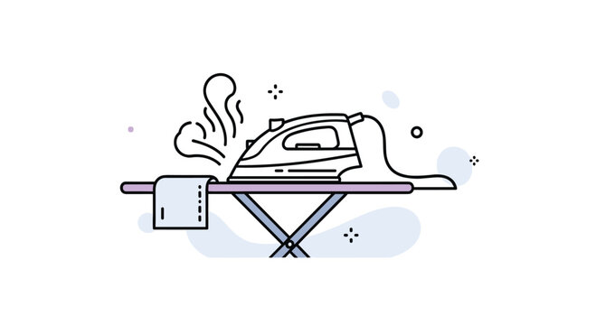 Simple line art illustration of an electric steam iron on an ironing board with steam rising from a piece of clothing.