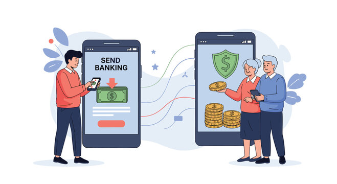 Illustration of a young man using a smartphone to send money through a banking app to an elderly couple on their phone.