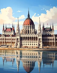 Obraz premium Digital painting of a grand, symmetrical building with a large dome and numerous spires, reflected in tranquil water under a blue sky