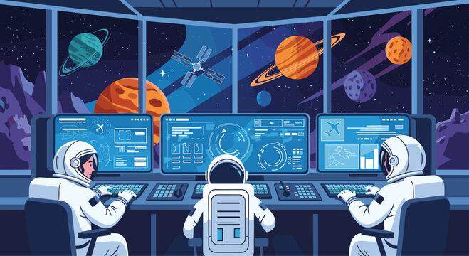 Team of astronauts operating complex control panels inside a futuristic space station cockpit overlooking planets and a satellite in deep space.