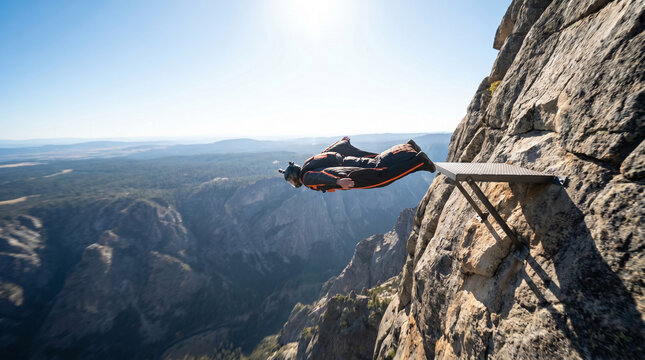 BASE jumper the moment after exiting a cliff platform, body fully extended in free fall, rocky face blurring beneath, open sky above, the si 3