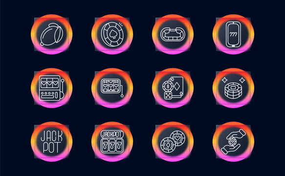 Casino gambling set icon. Money bag, poker chip, casino table, slot machine mobile, heart slot machine, jackpot panel, dice bet, lucky coin hand, chip stack win, jackpot text, slot jackpot display