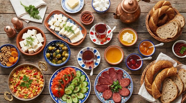 Traditional Turkish breakfast spread on rustic wooden table, authentic middle eastern brunch with olives and tea, mediterranean morning meal