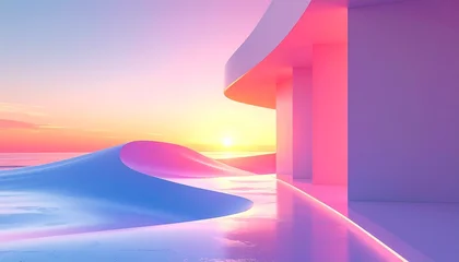 Fototapete Mädchenzimmer An abstract 3d render of a colorful house floating in the night sky at sunset with a water reflection creates a nature inspired wallpaper concept  © Desti