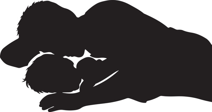 Father and child sleeping together, black silhouette