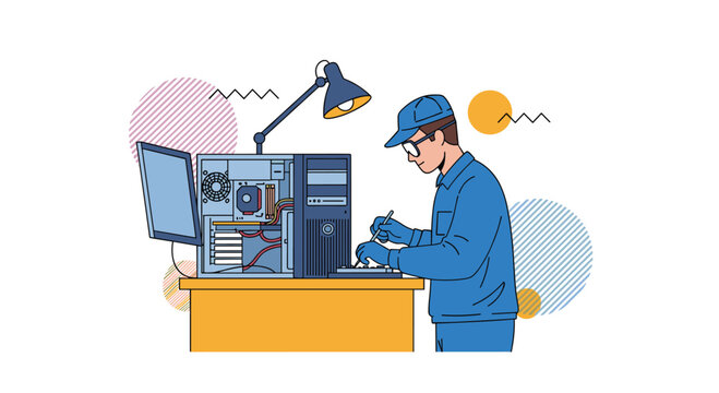 Professional computer technician in a blue uniform and cap carefully repairing a desktop computer system at a workshop desk.