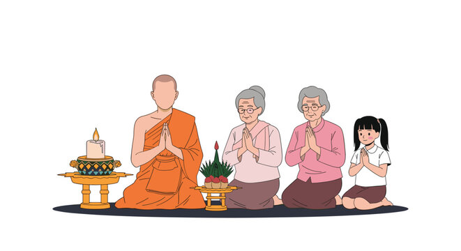 Buddhist monk and a family of different generations kneeling together in prayer during a traditional ceremony.