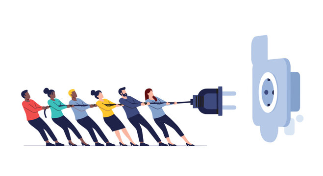 Conceptual illustration of a diverse business team working together to pull a large electrical plug towards a power socket.