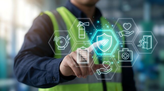 Industrial safety officer touching glowing health and safety interface with icons for medical and fire protection in factory environment ensuring workplace security and compliance
