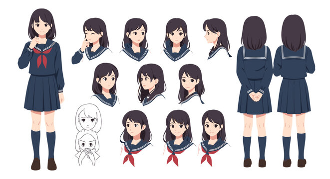 Character design sheet of a schoolgirl in a navy sailor uniform displays various poses and emotional facial expressions.