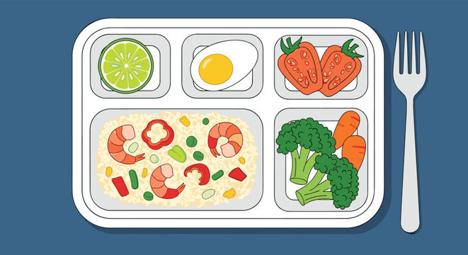 Nutritious meal tray contains shrimp fried rice, fresh broccoli, carrots, tomatoes, a boiled egg, and a slice of lime.