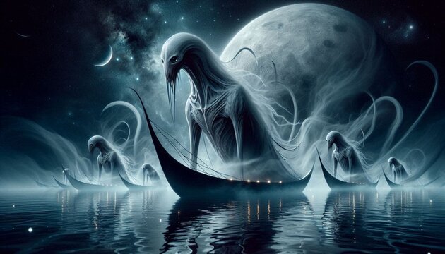 criaturas fantasmales viajan en barcas hacia no se sabe donde