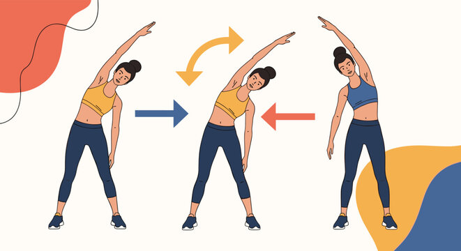 Series of illustrations showing a young woman performing various side stretching exercises to improve flexibility and core health.