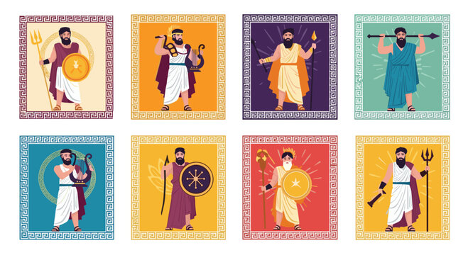 Set of various ancient greek gods and mythological figures like zeus and poseidon are displayed in decorative frames with unique symbols.