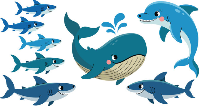 Cartoon Whale and Shark Collection with Dolphin, Ocean Animals, and Playful Sea Creatures for Vector Design Projects