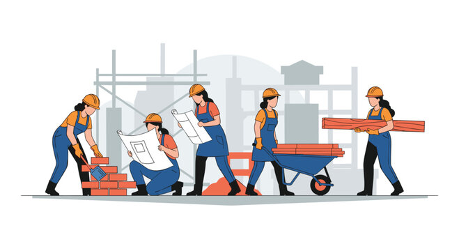 Group of hard working female construction workers wear safety gear while building a brick wall and transporting materials at a site.
