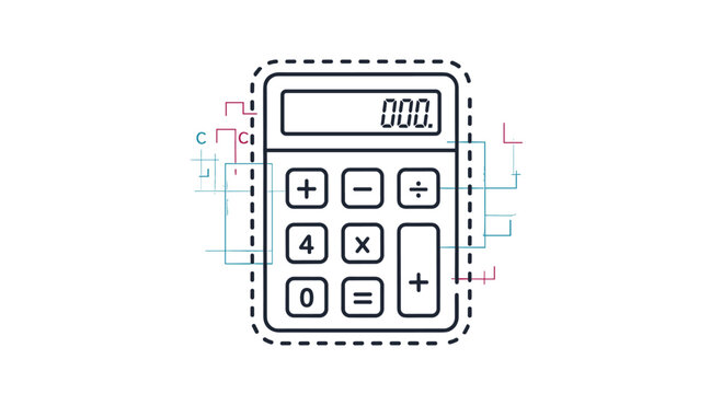Clean line art illustration of a digital calculator with basic mathematical symbols used for accounting, business, and school work.